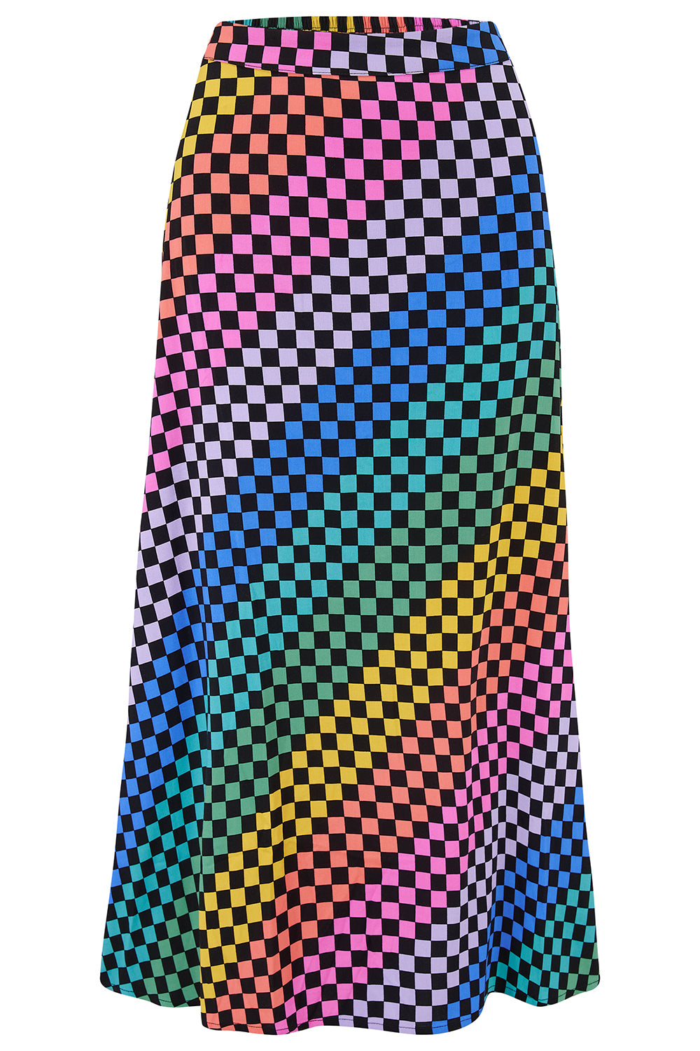 A woman standing and wearing a high-waisted, midi-length Zora skirt with a Rainbow Checkerboard design on a black base.