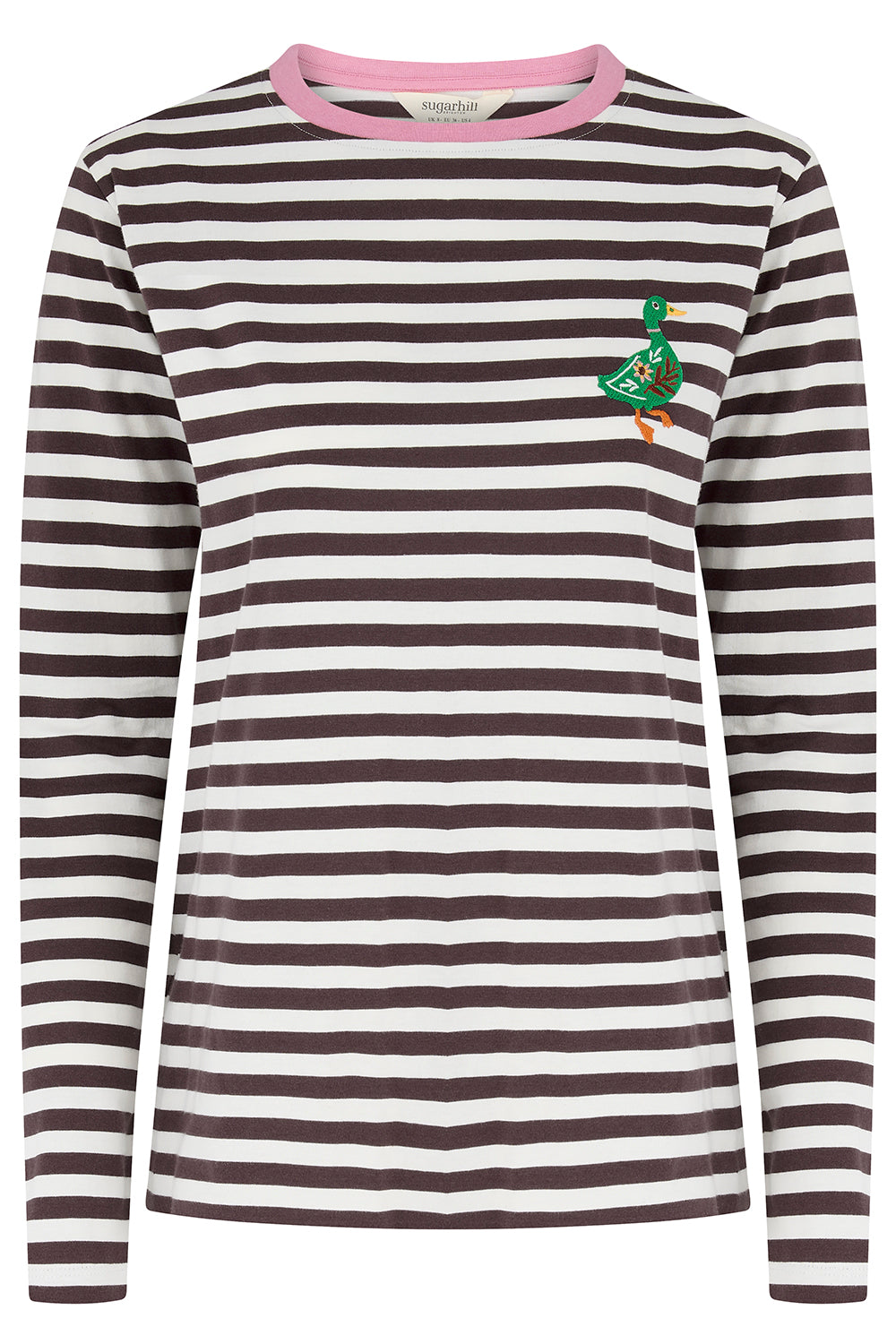 A long-sleeve striped top with horizontal dark brown and off-white stripes, featuring a light pink crew neck and a small embroidered green duck on the left chest.