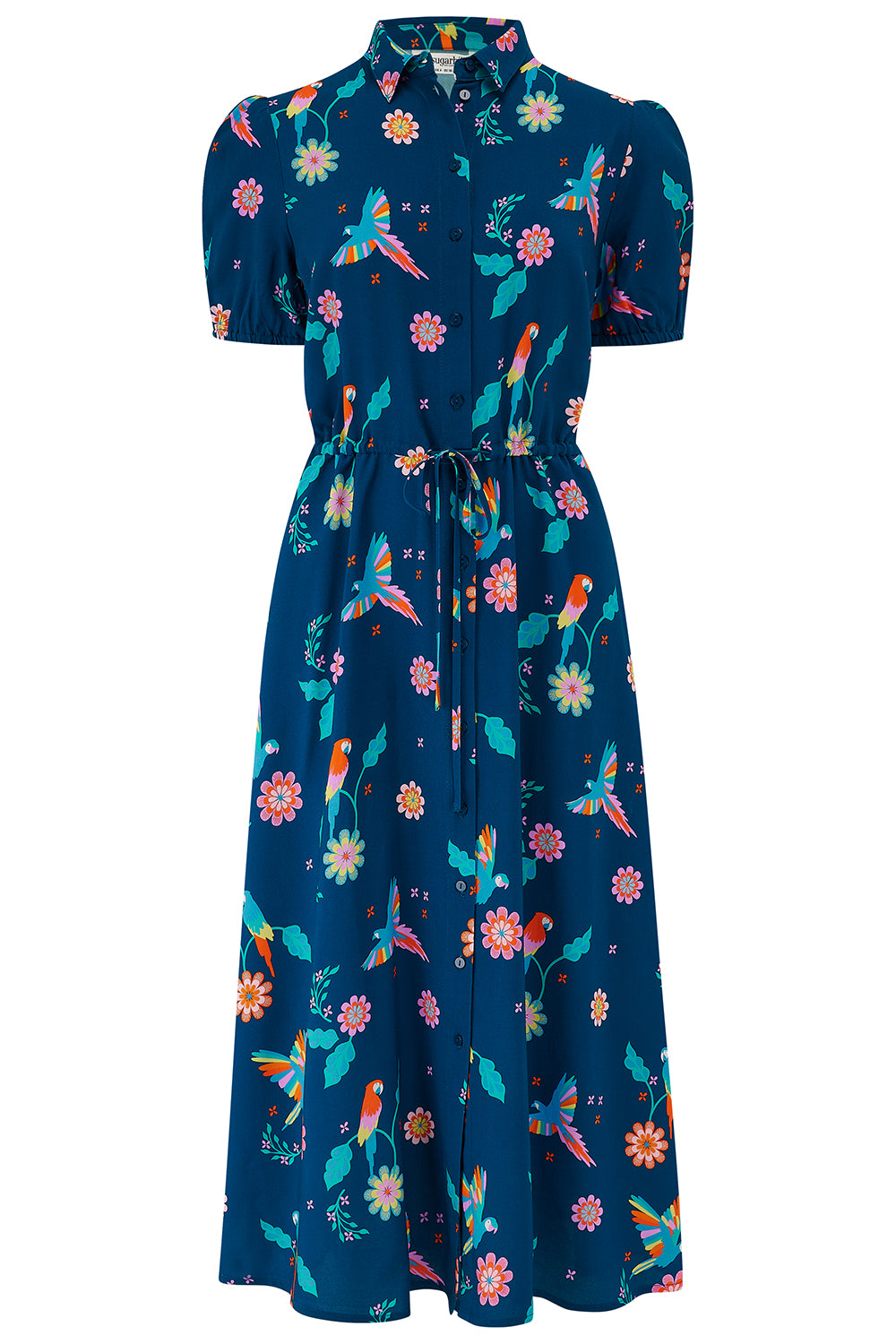 Navy blue dress with colorful floral and parrot pattern on a white background