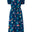 Navy blue dress with colorful floral and parrot pattern on a white background