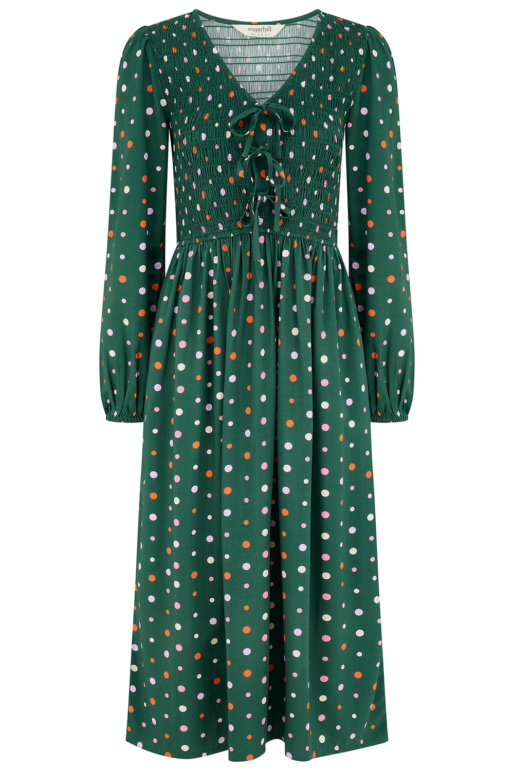 A green long-sleeve midi dress with a multicolor polka dot pattern, featuring a V-neckline, tie-front detail, and a gathered waist.