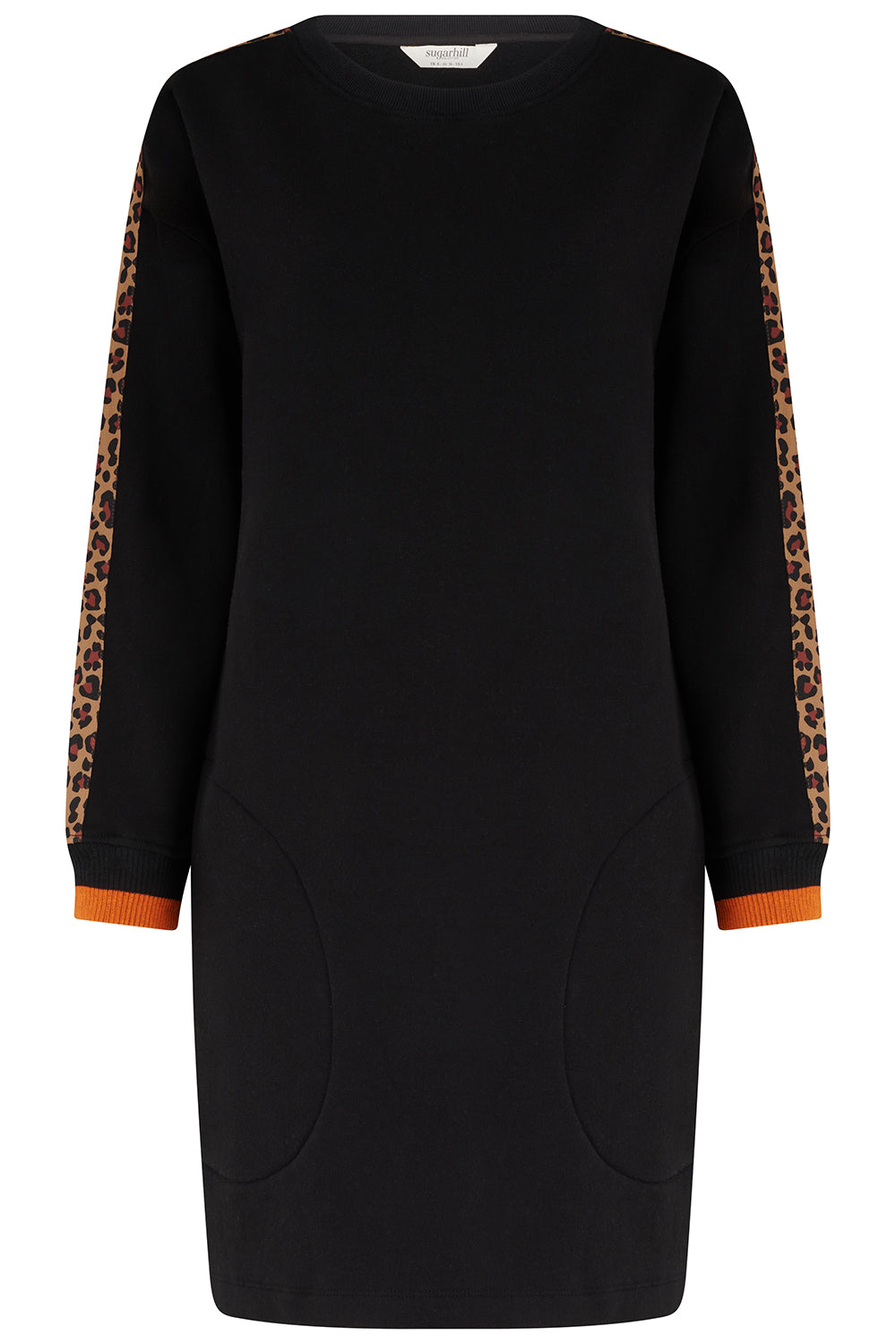 Black dress with leopard print sleeves on a white background