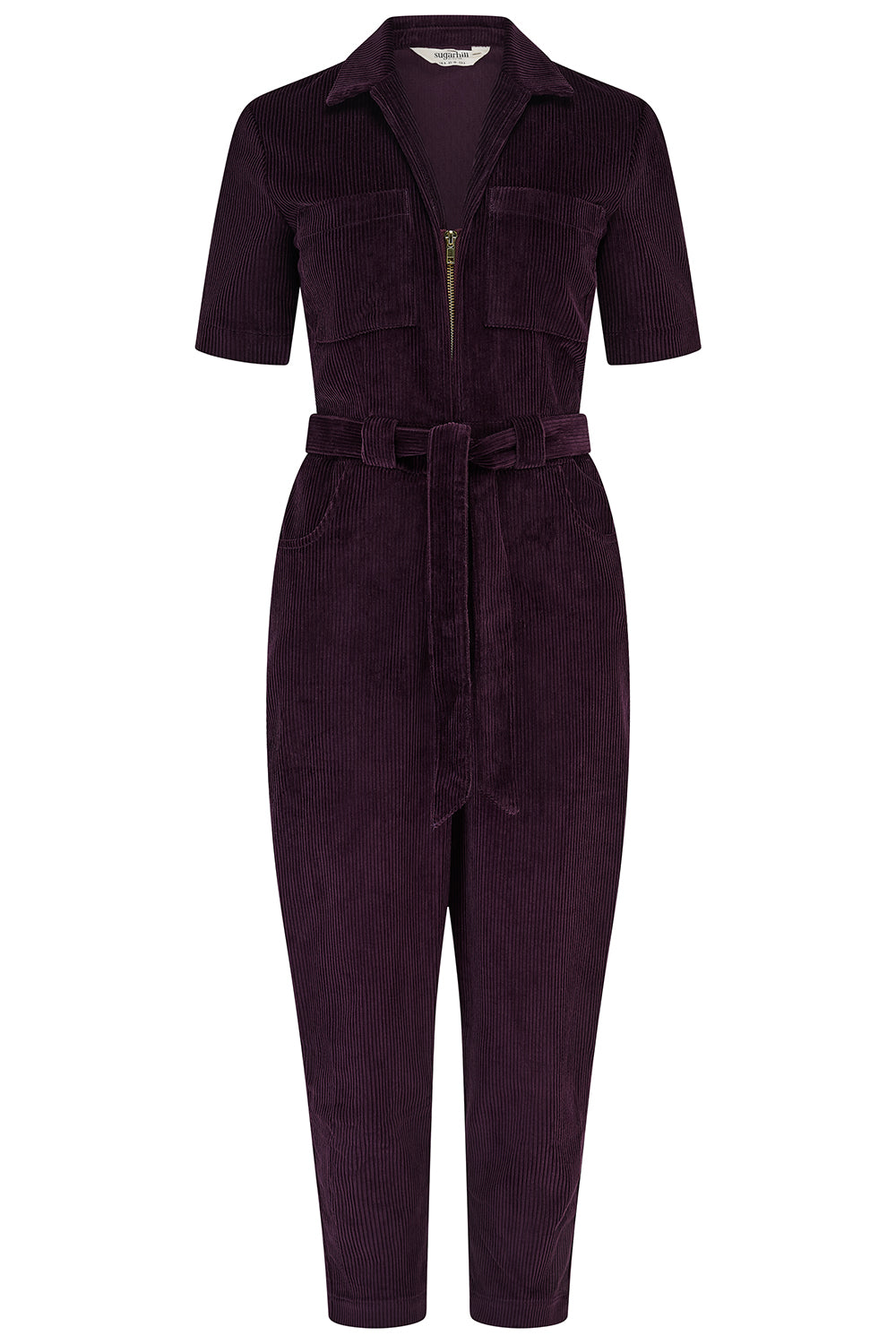 Purple jumpsuit with a belt on a white background