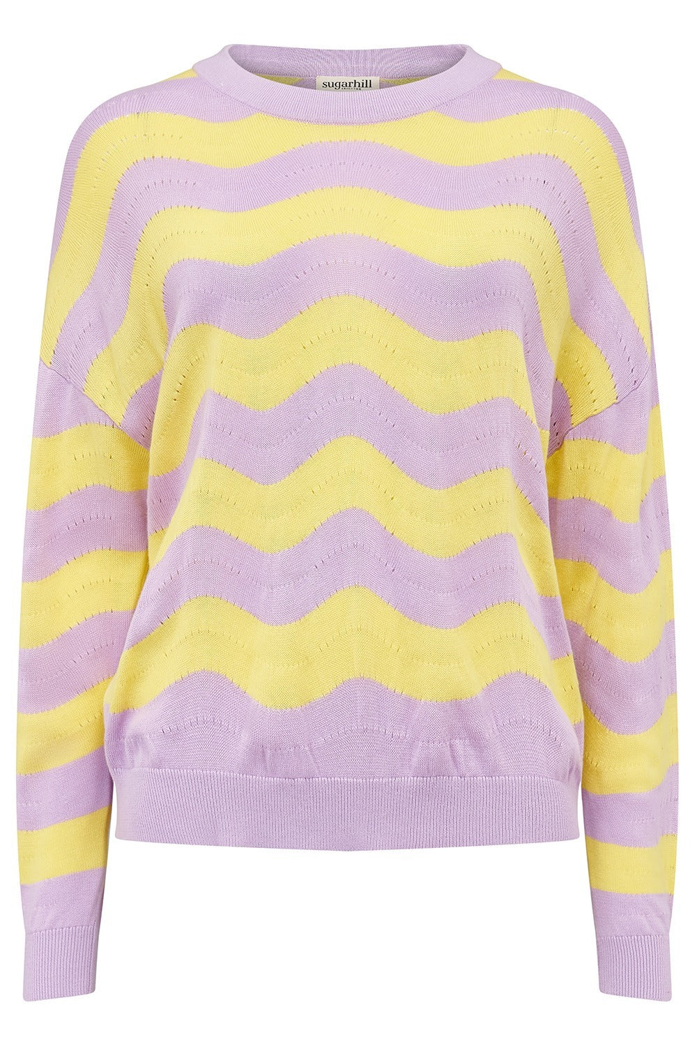 Sweater with purple and yellow chevron pattern on a white background