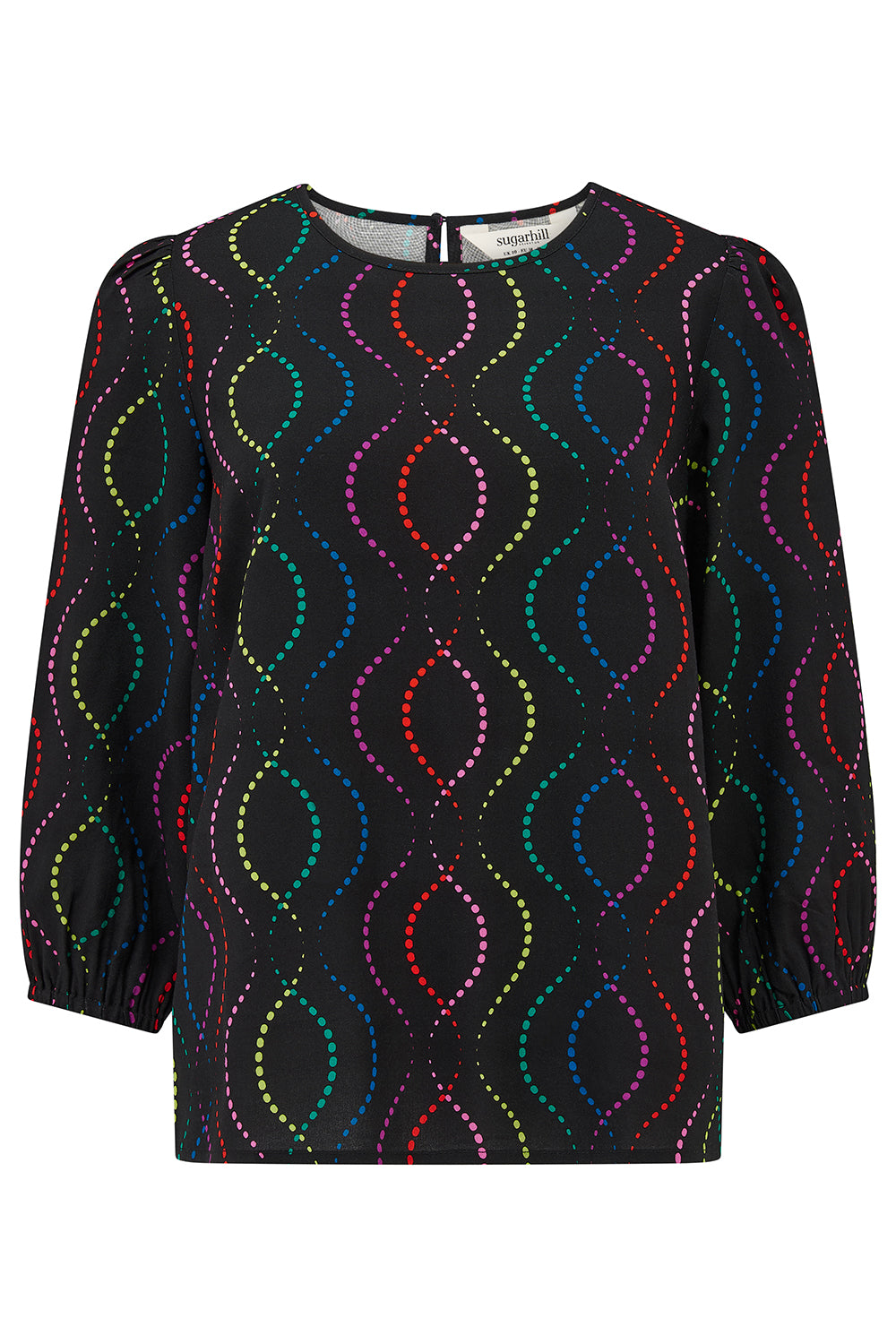 Sugarhill Brighton black top with colourful pattern on a white background