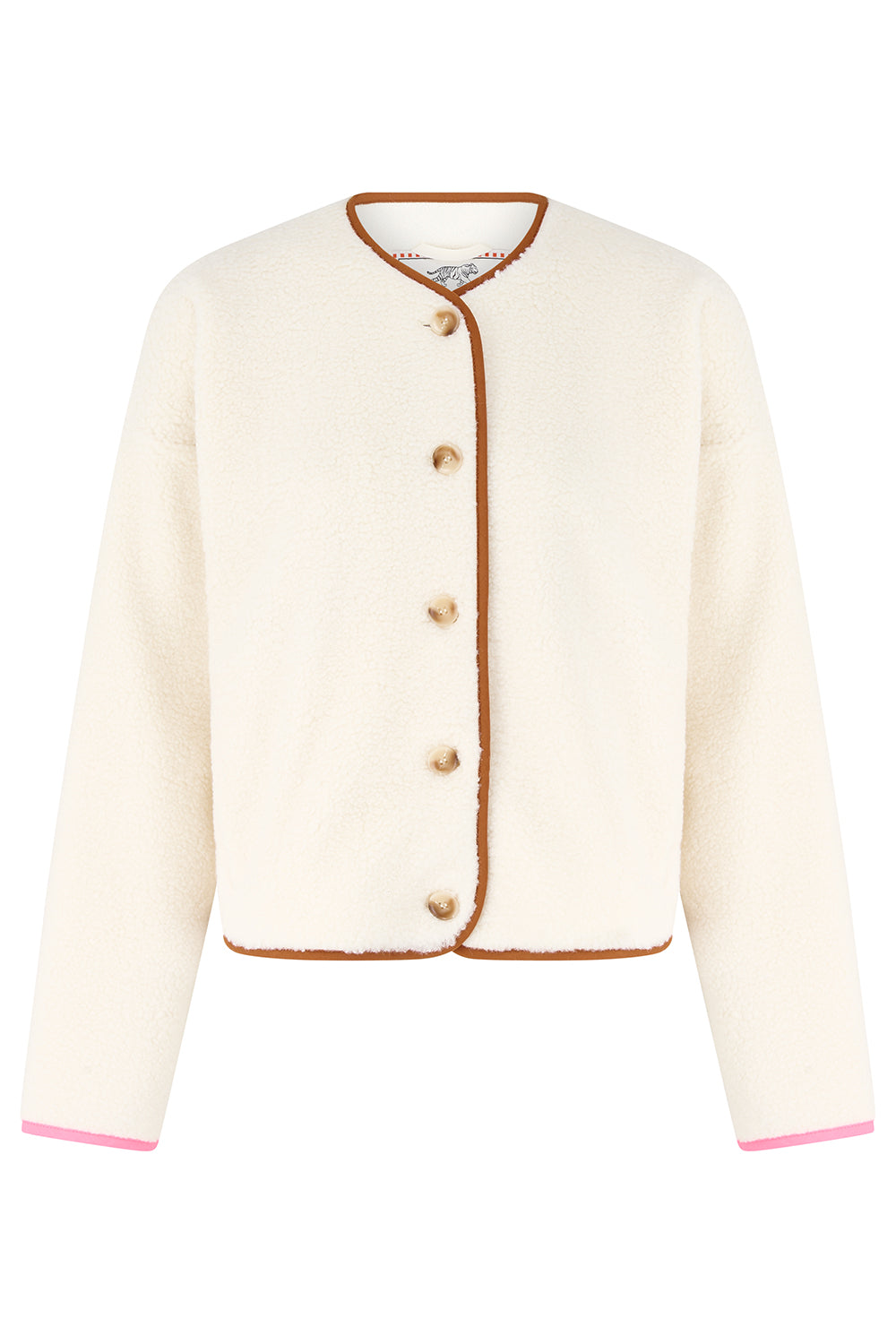 An off-white cropped jacket with brown trim and buttons, featuring pink accents on the cuffs, shown against a plain white background.