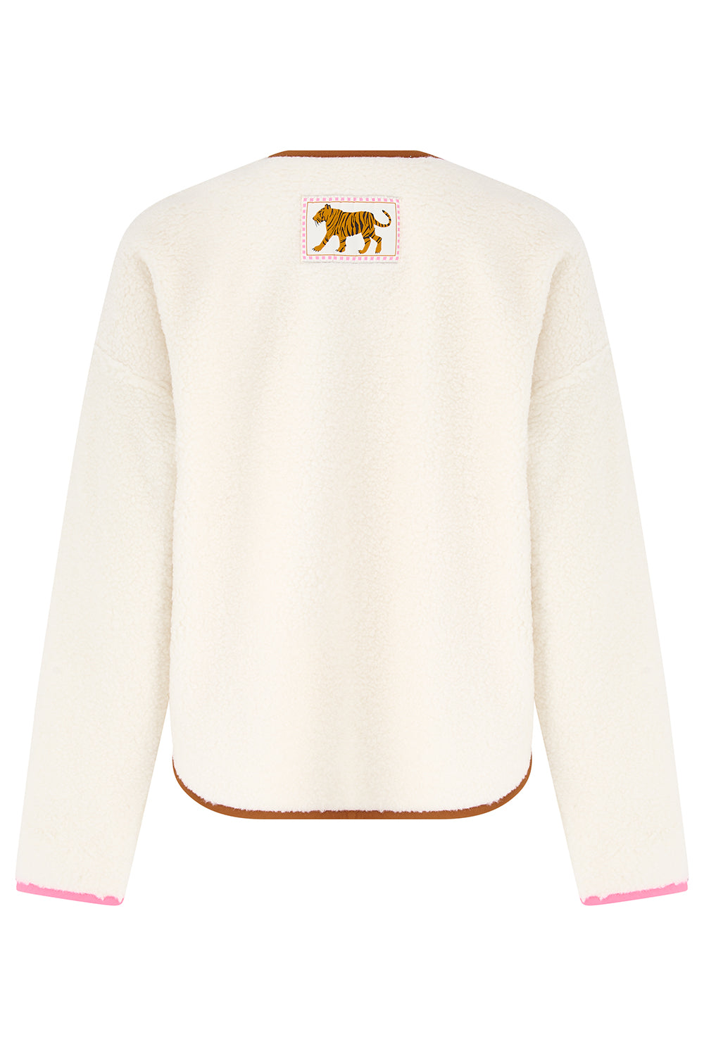 An off-white fleece sweater shown from the back, featuring a small embroidered lion patch on the upper back with a pink border and brown details, finished with brown trim at the collar and hem and pink trim at the cuffs.