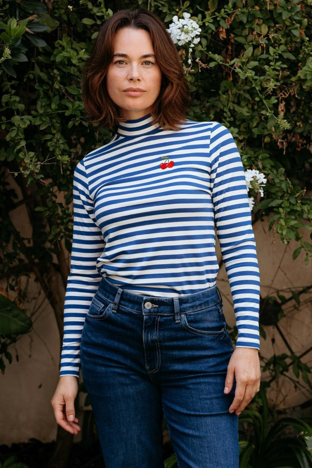 Annika Turtleneck Jersey Top - Off White/Blue, Cherry