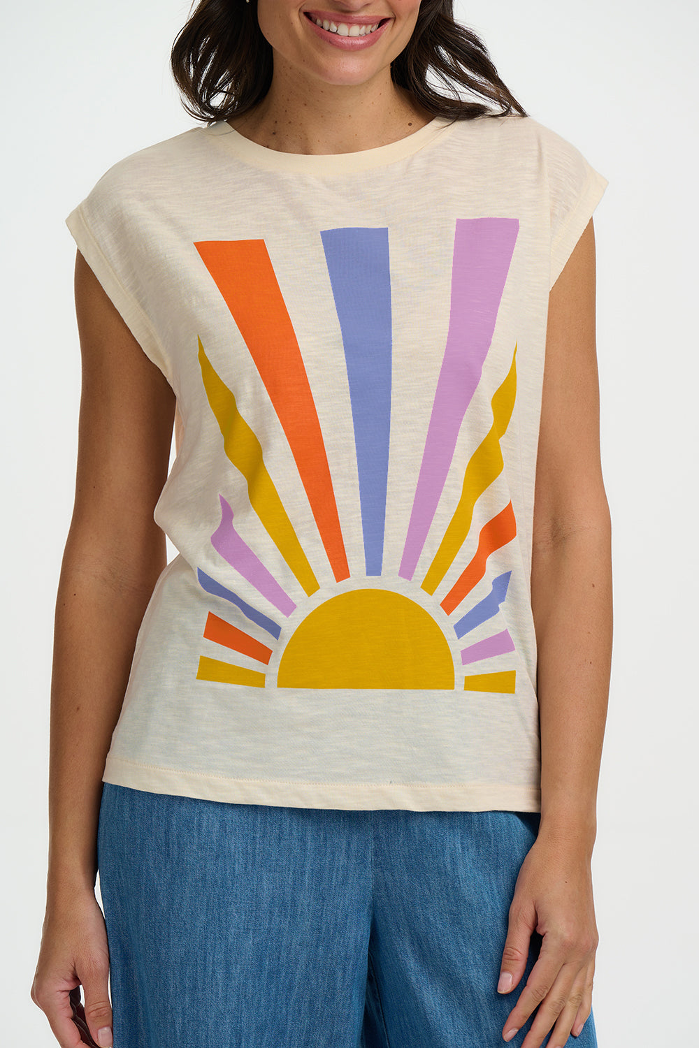 Chrissy Relaxed Tank T-Shirt - Off White, Rainbow Rays