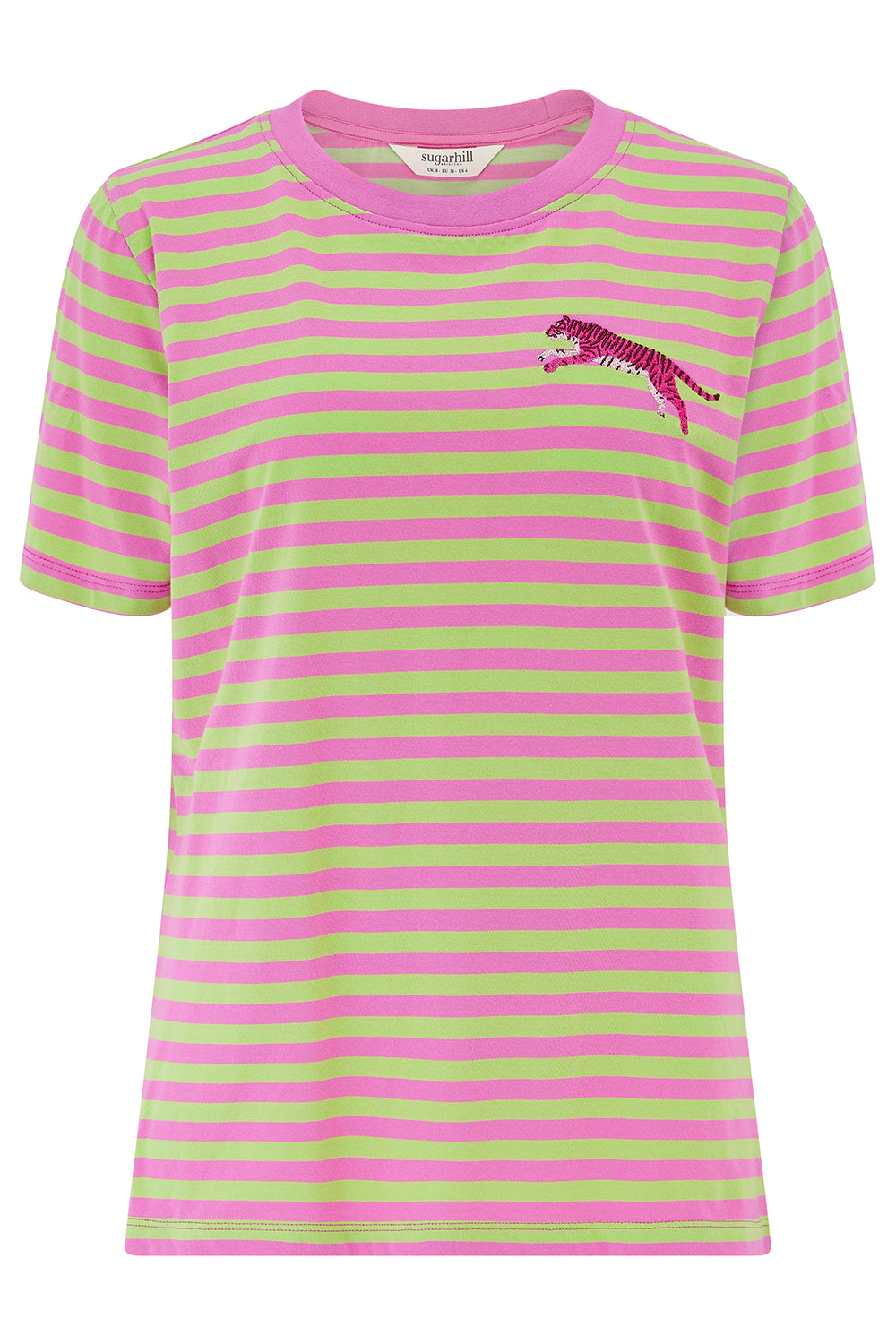 Pink and green striped t-shirt with a small logo on a white background