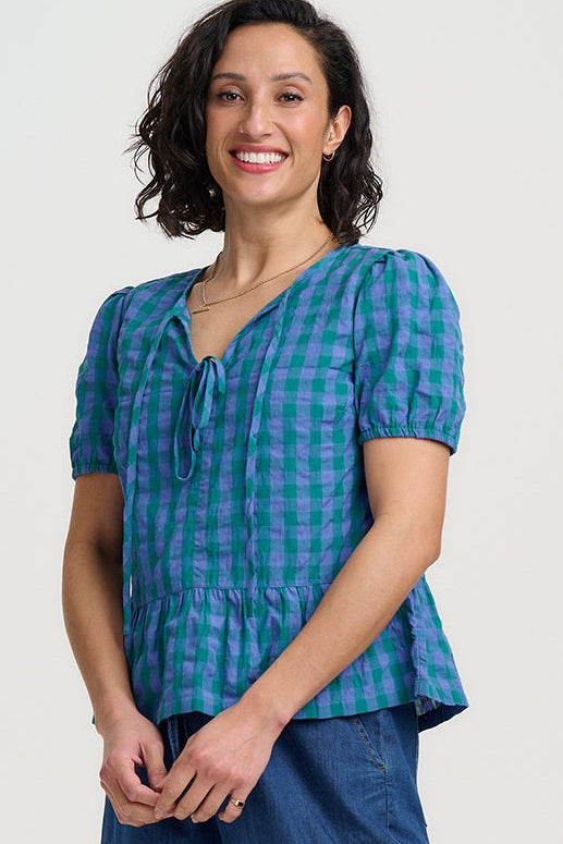 Thora Top - Blue & Green, Peacock Check