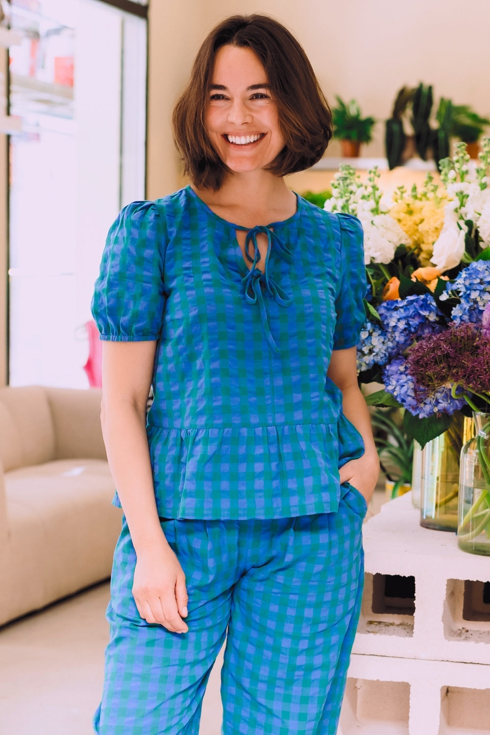 Thora Top - Blue & Green, Peacock Check