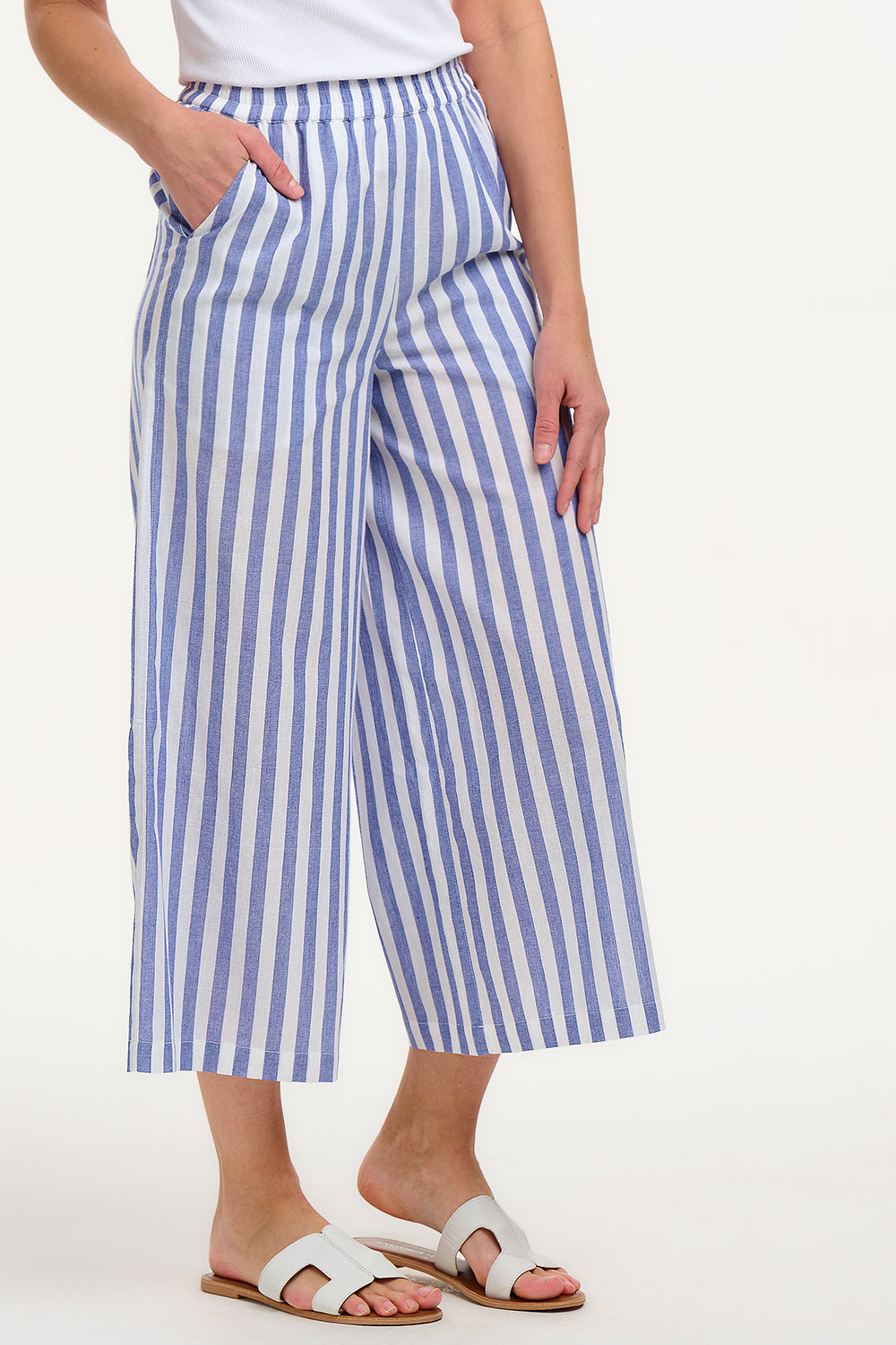Maevis Wide Leg Cropped Trouser - Off-White/Blue, Bakers Stripe