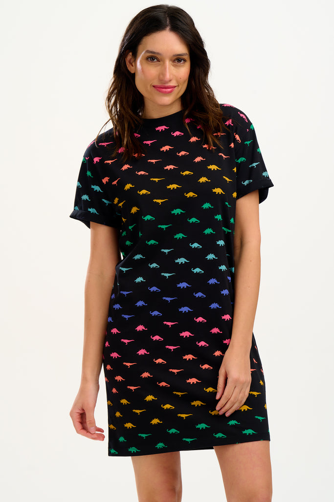 Brandie T-shirt Dress - Black, Jurassic Jive Rainbow – Sugarhill Brighton