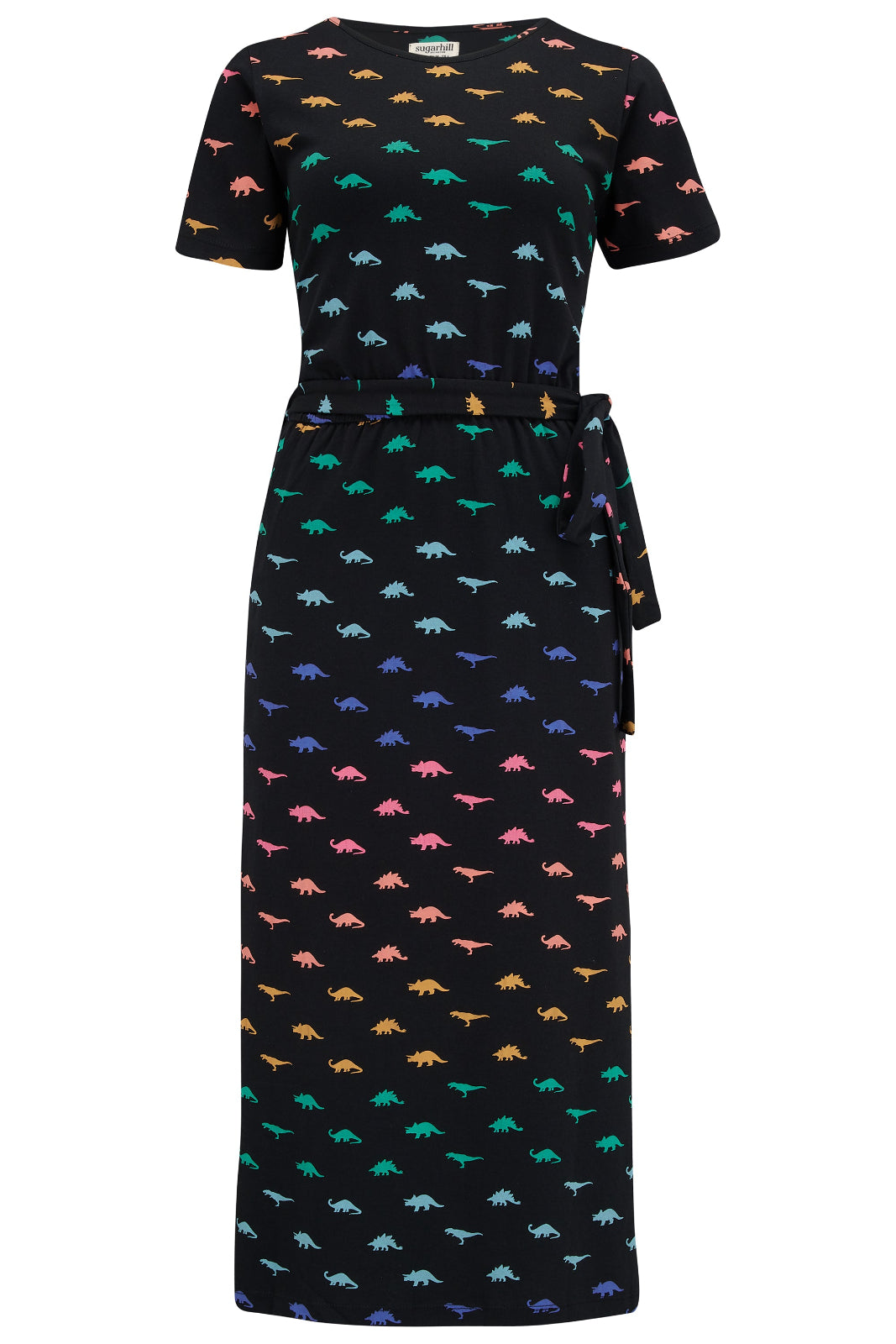 Black dress with colorful dinosaur pattern on a white background