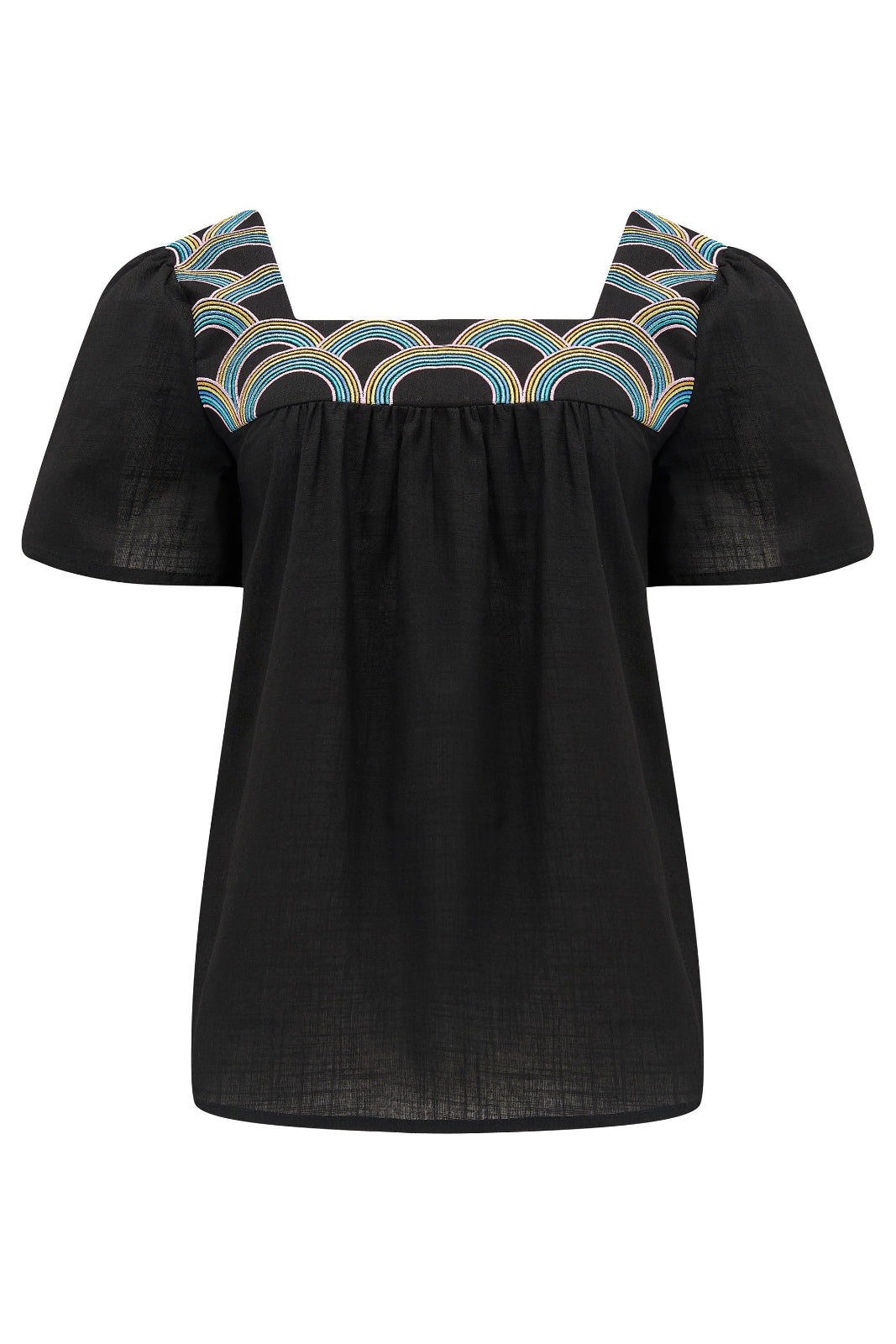 Black off-shoulder top with colorful embroidery on a white background