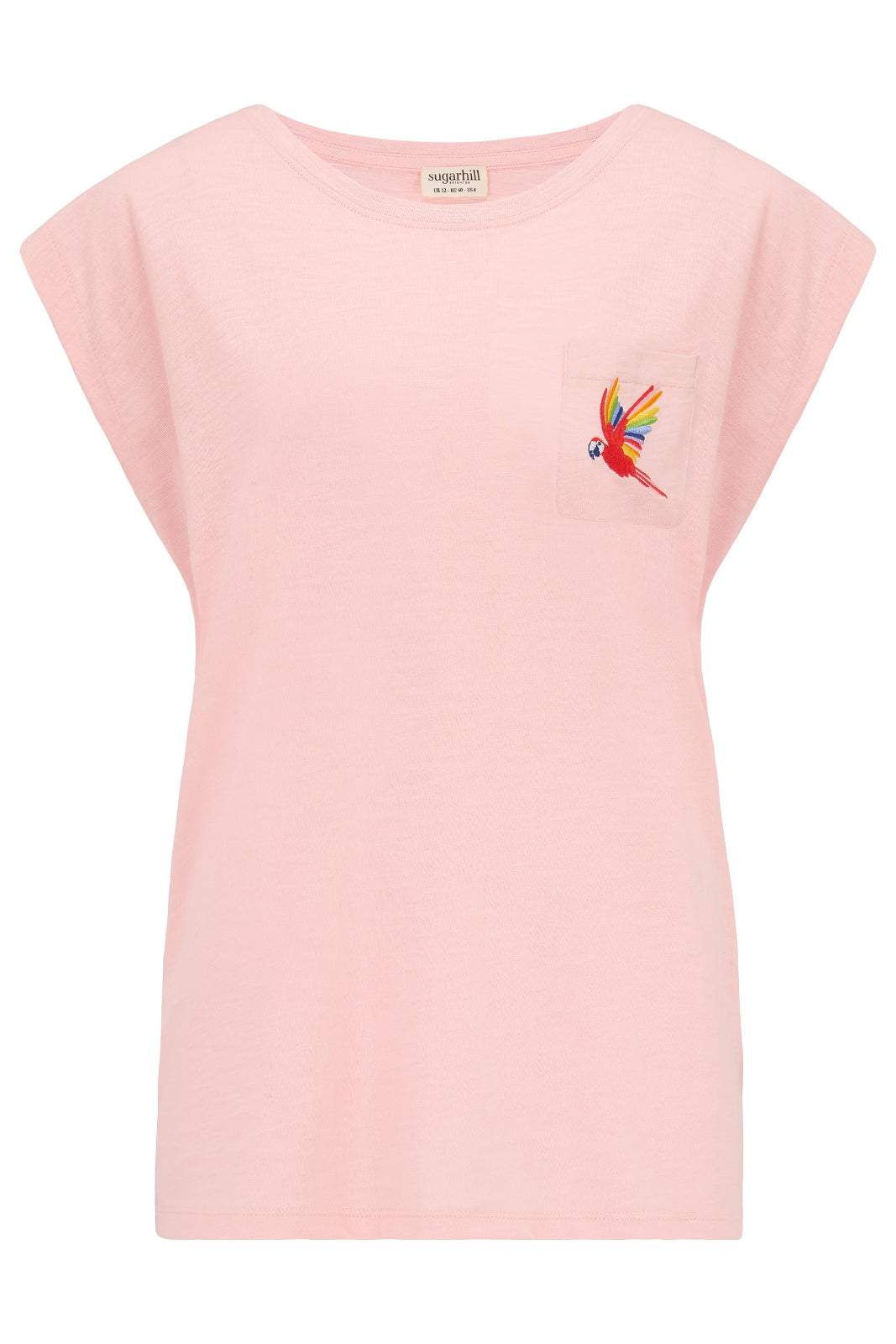 A pink sleeveless T-shirt with a rainbow parrot embroidery on the chest pocket