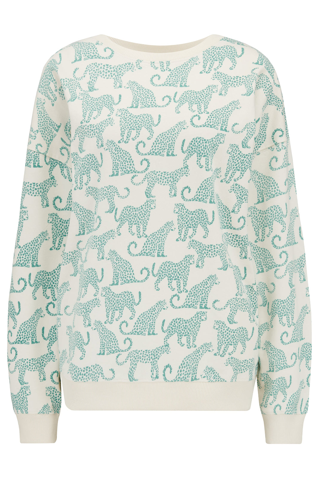 white sweatshirt with leopards on