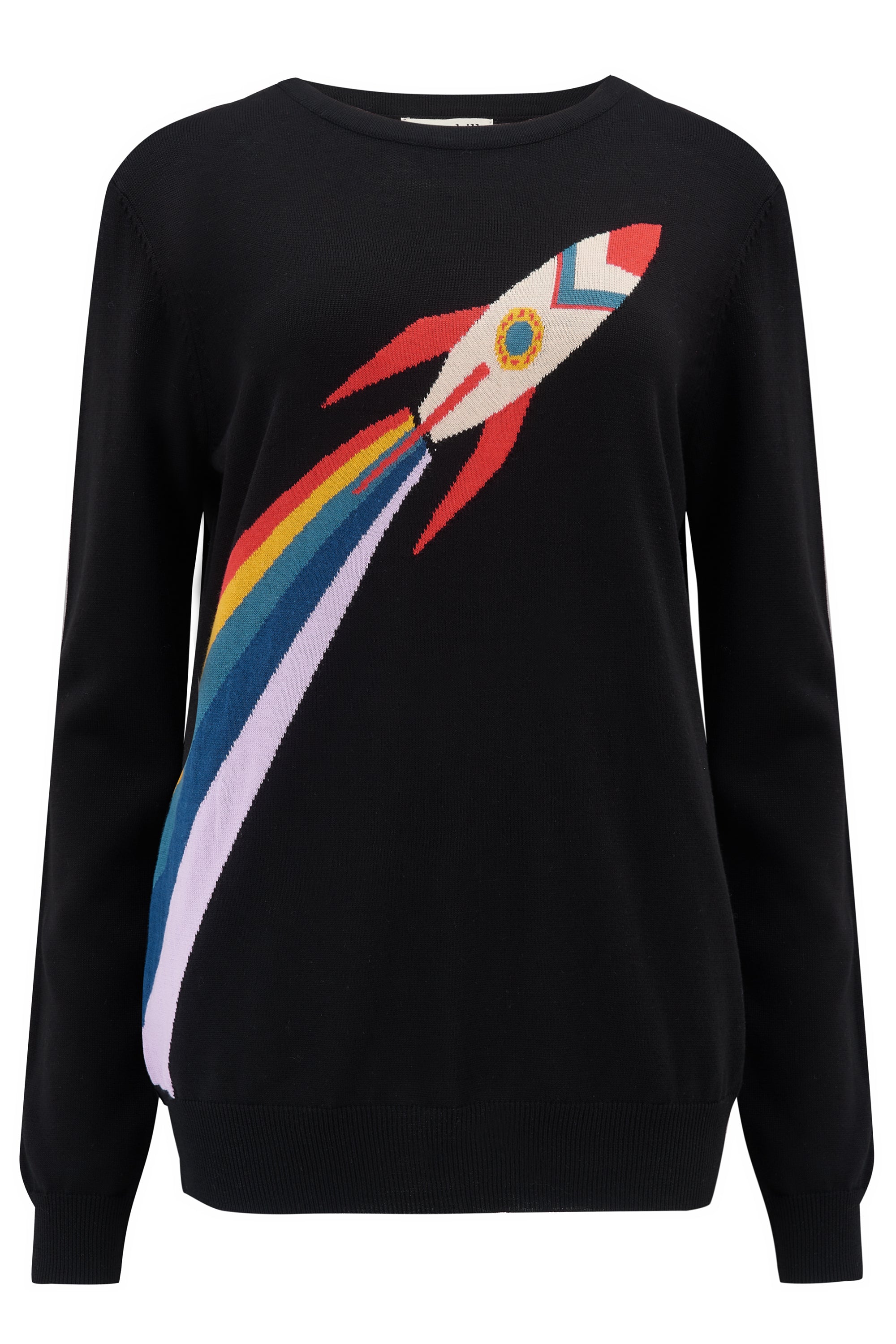 A black crewneck sweater with a colorful rocket ship graphic on the front.