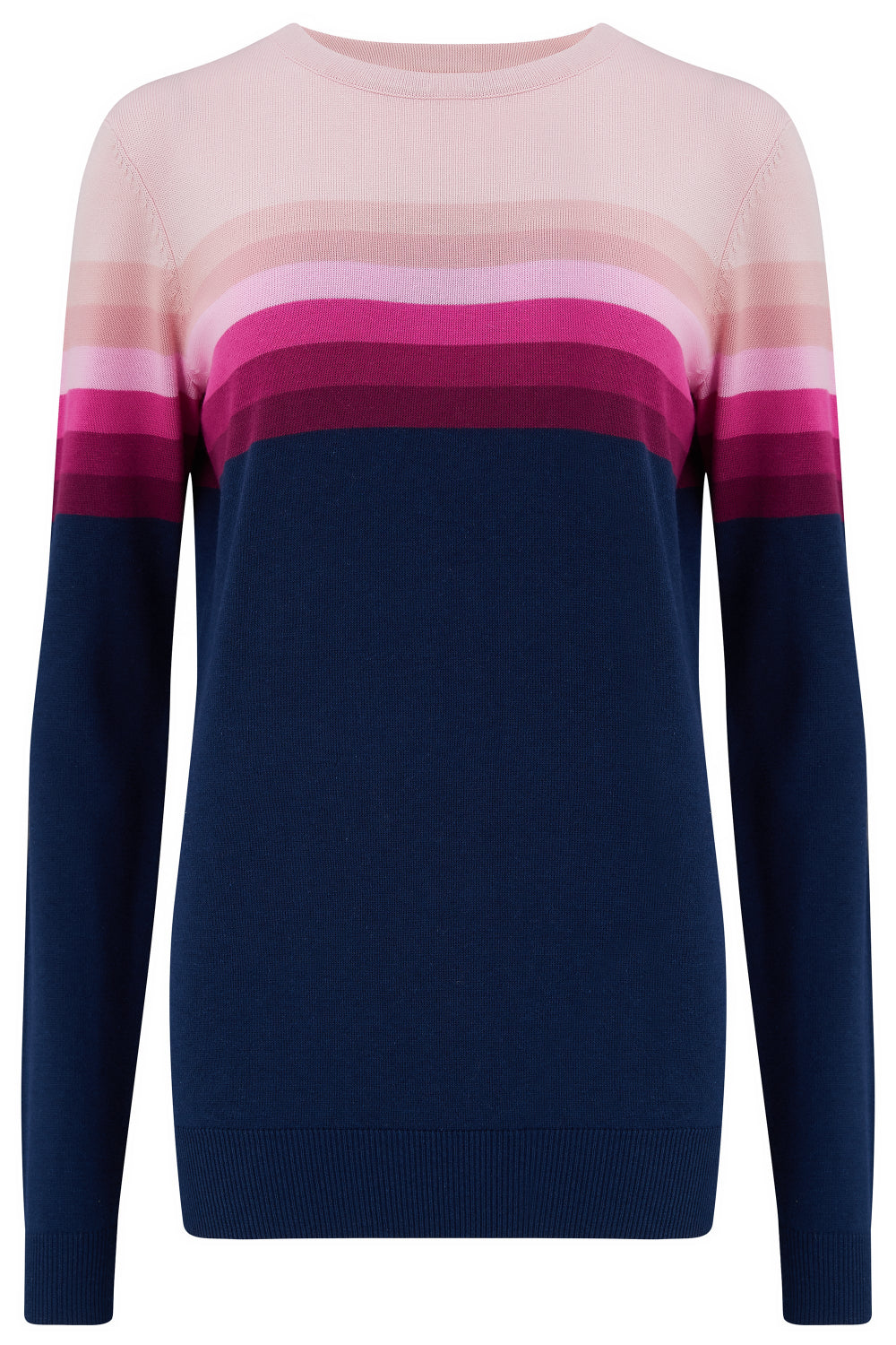 Sugarhill Brighton navy jumper with pink gradient stripes.