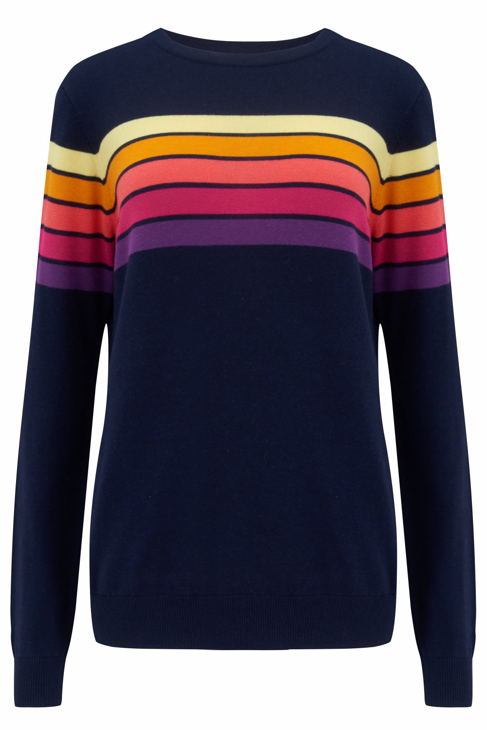 Sugarhill Brighton navy blue jumper with horizontal retro stripe bands in pink, yellow, and other colours across the chest and shoulders.