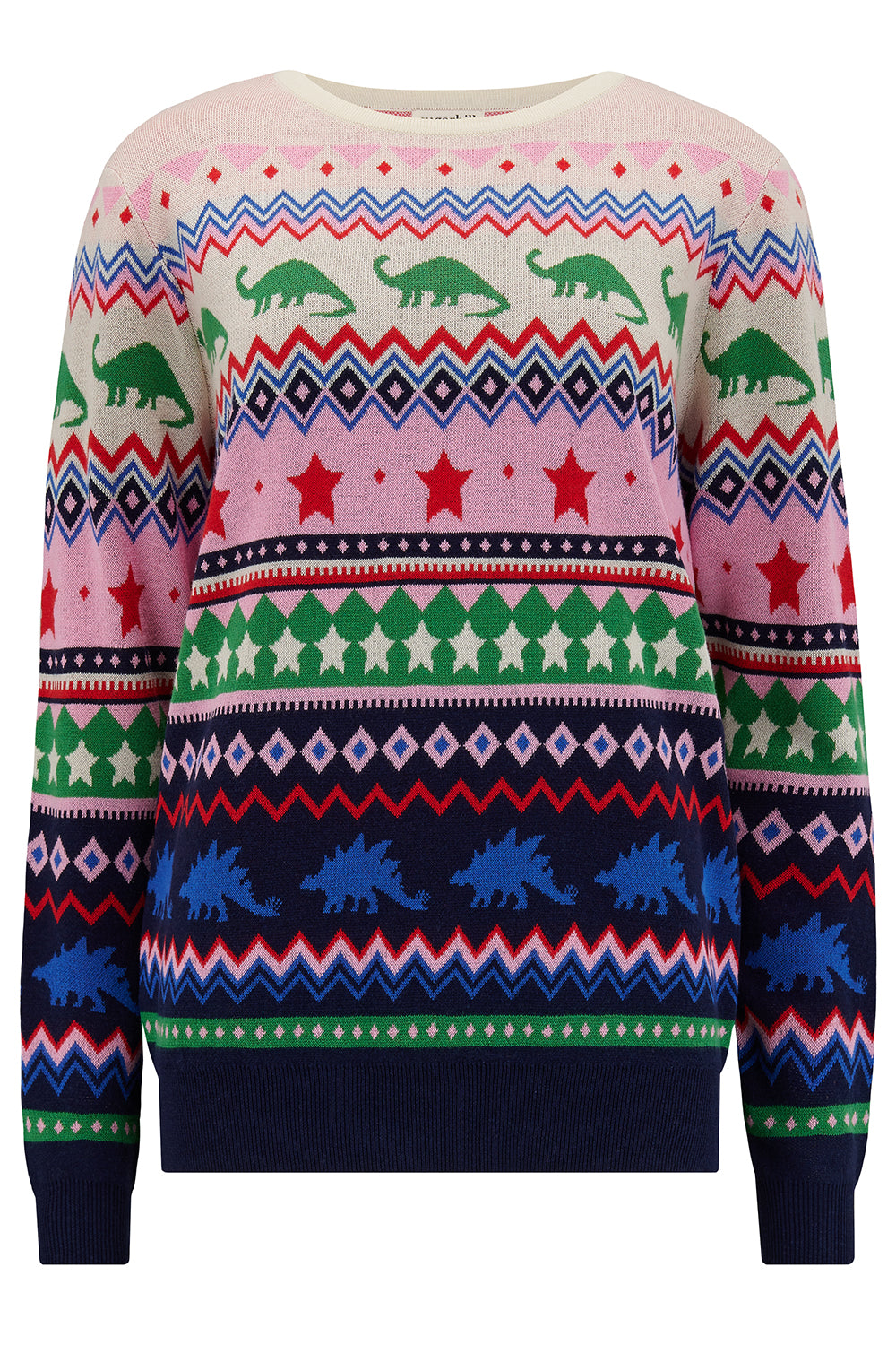 A multicolored crew neck jumper with a fair-isle pattern featuring dinosaurs, stars, and geometric shapes.