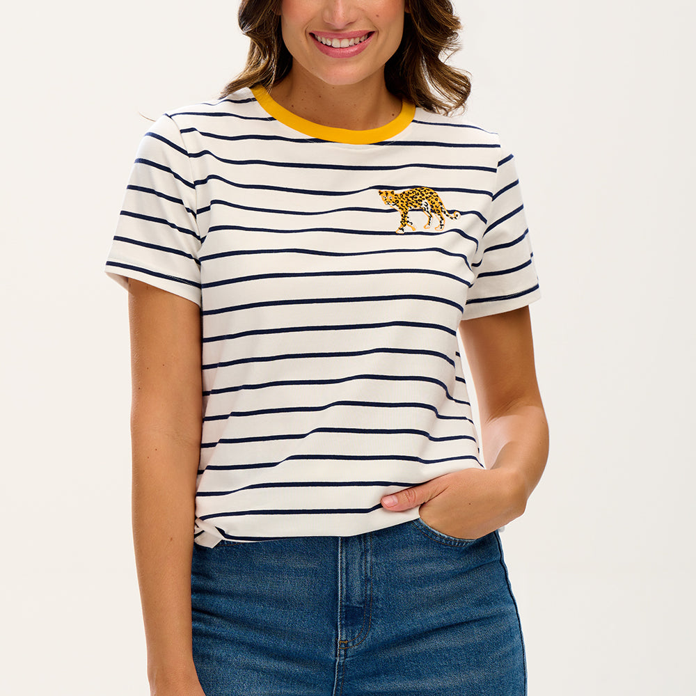 Leopard embroidered on a white fabric with navy stripes