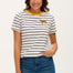 Leopard embroidered on a white fabric with navy stripes