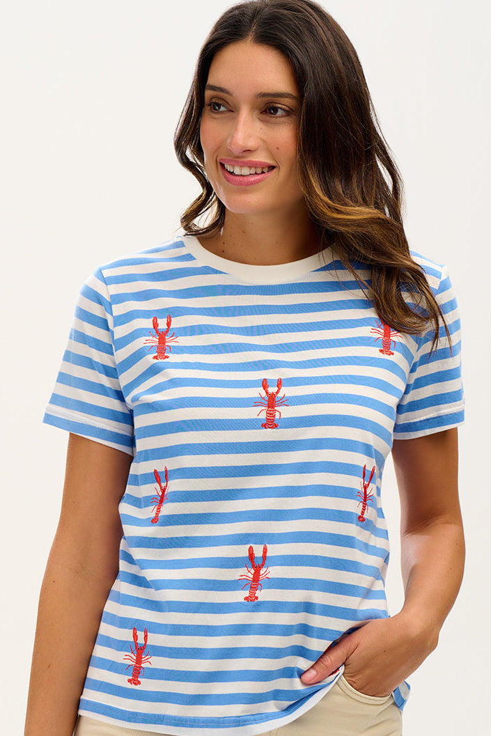 Maggie T-shirt - Off-White/Blue, Lobster Embroidery
